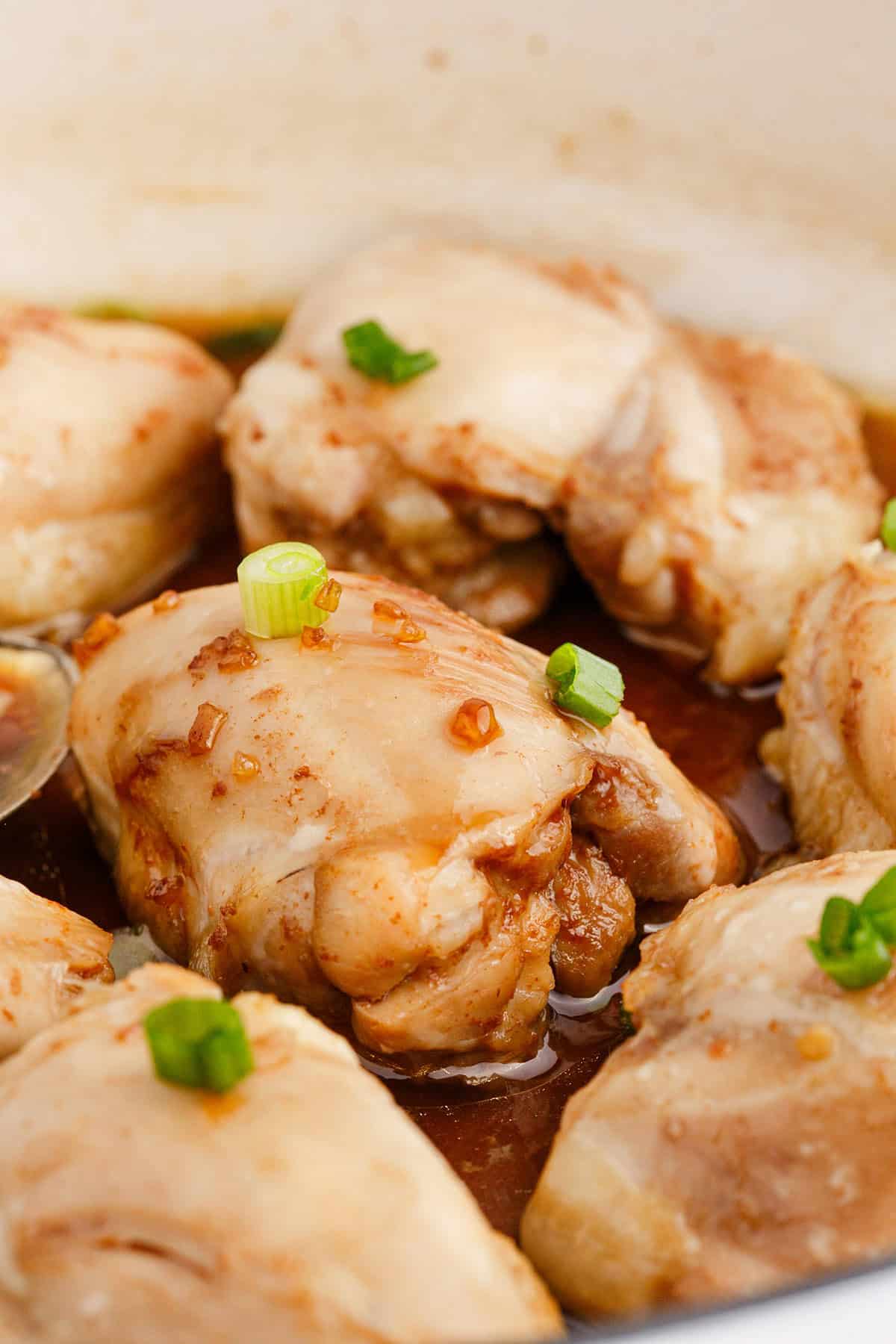 Chicken Thighs with Honey in a Pan Garnished with Green Onions