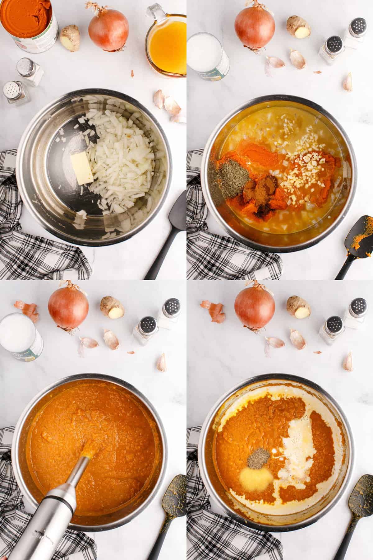 Instant Pot Pumpkin Soup Being Made and Blended with Immersion Blender