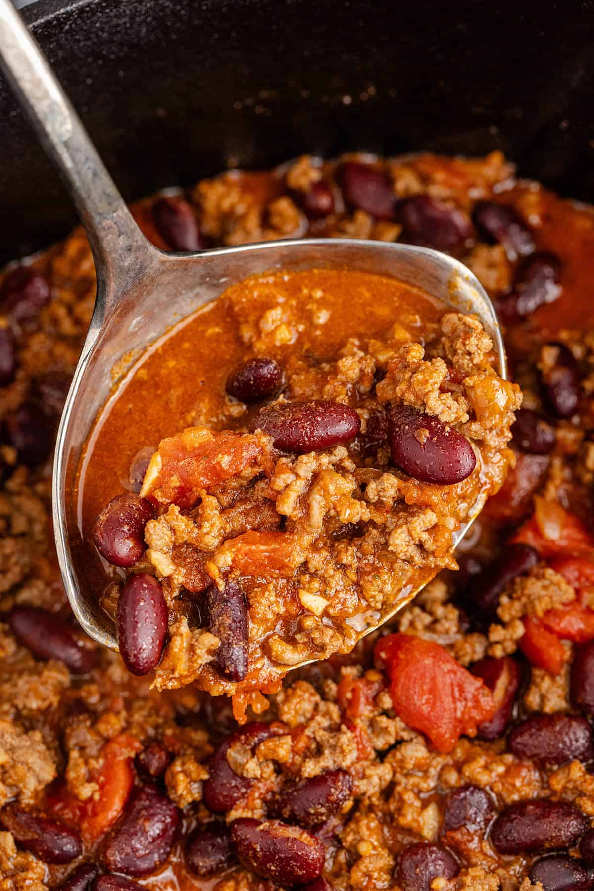 Stove Top Chili Close up in a Ladle