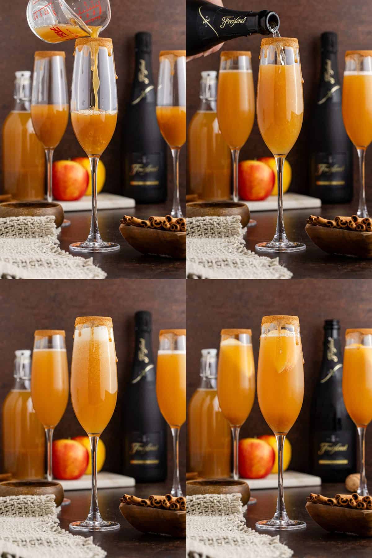 Apple Cider Mimosa Being Made in a Champagne Flute