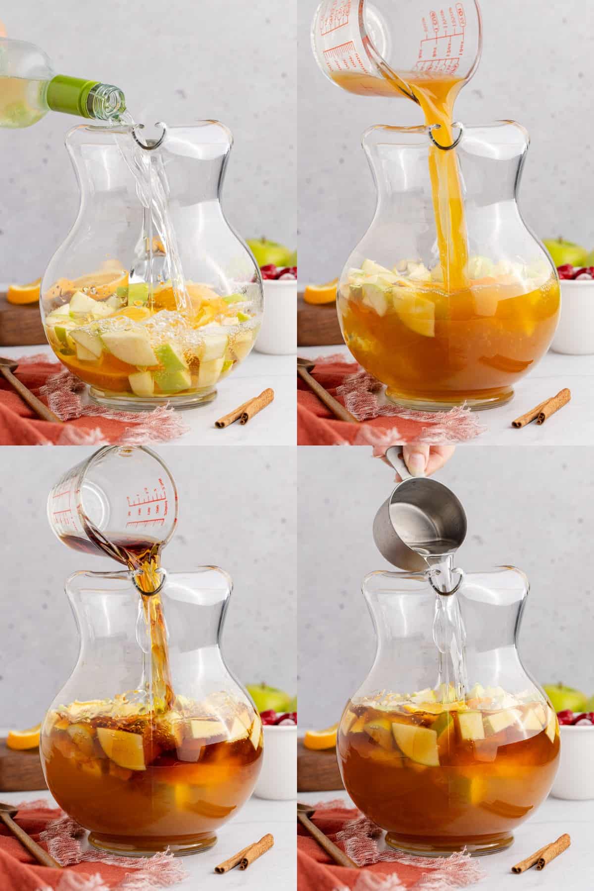 Apple Cider Sangria with White Wine Being Made in a Pitcher