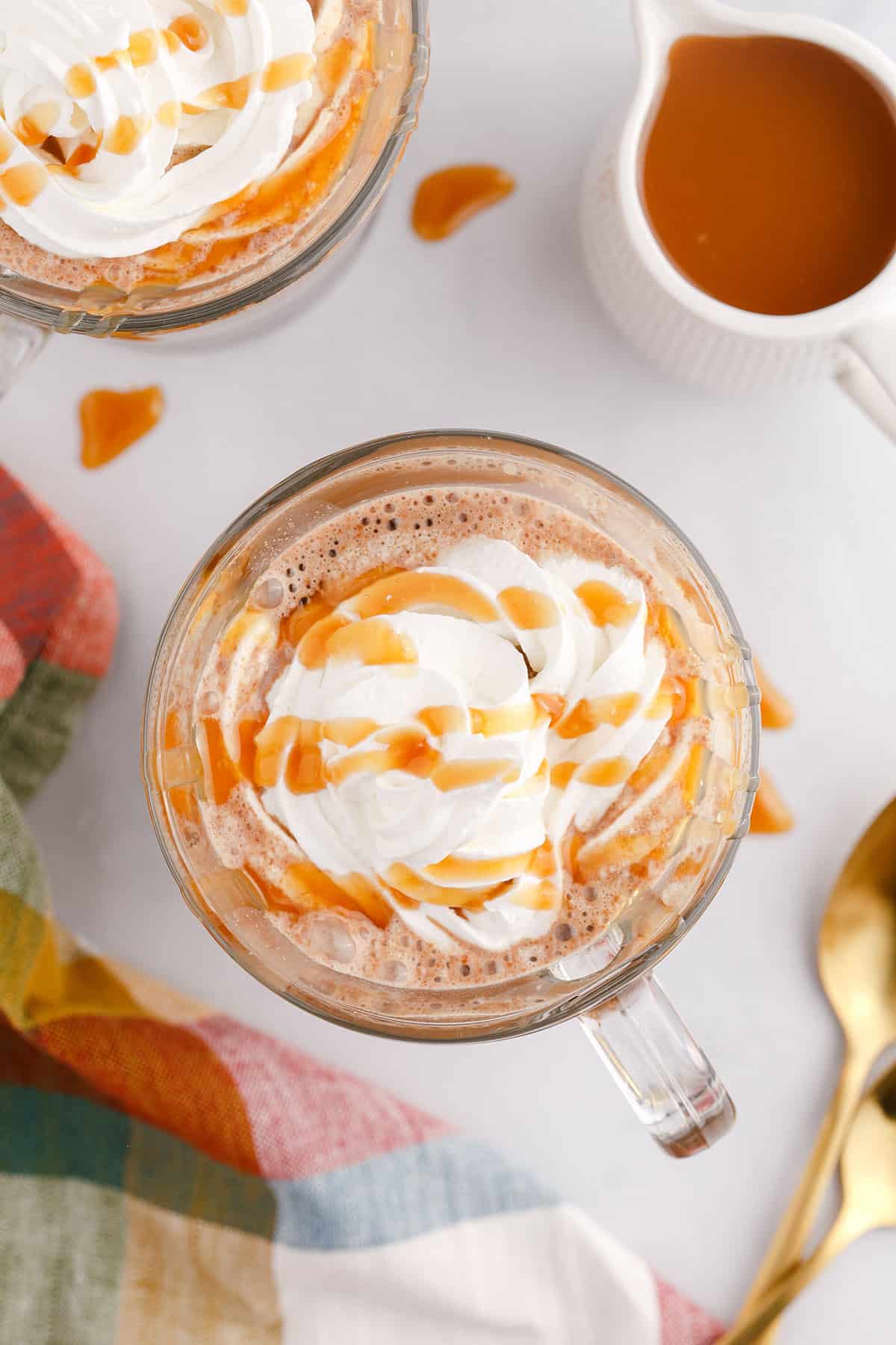 Caramel Mocha Coffee in a Glass Mug Drizzled with Caramel Sauce