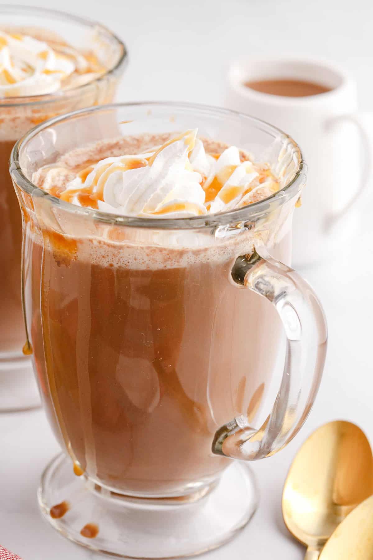 Caramel Mocha Coffee in a Glass Mug Drizzled with Caramel Sauce