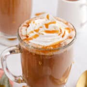 Caramel Mocha Coffee in a Glass Mug Drizzled with Caramel Sauce