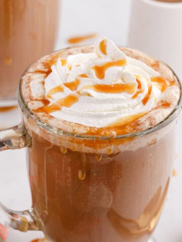 Caramel Mocha Coffee in a Glass Mug Drizzled with Caramel Sauce