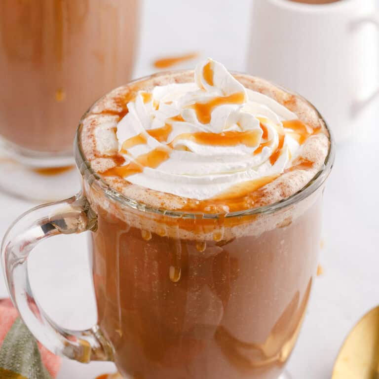Caramel Mocha Coffee in a Glass Mug Drizzled with Caramel Sauce