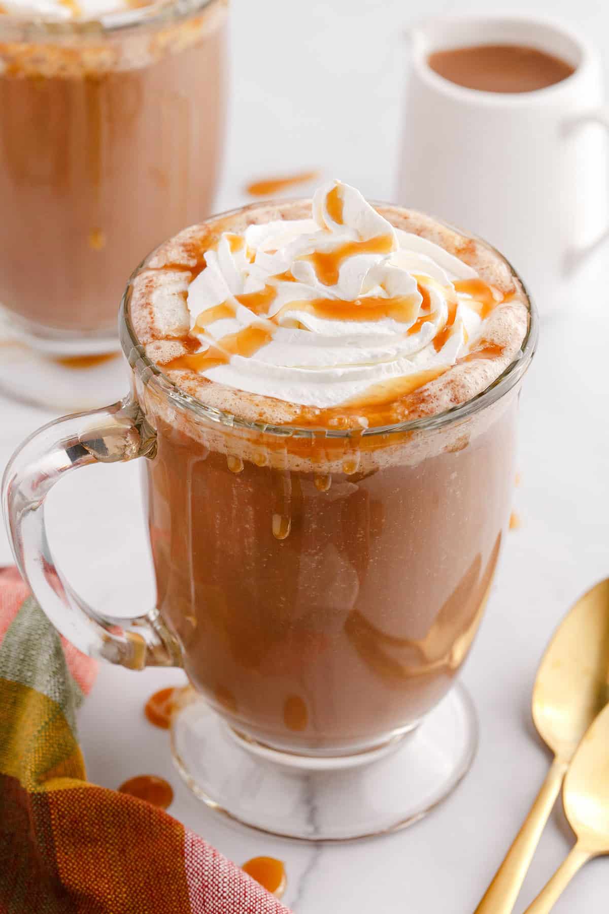 Caramel Mocha Coffee in a Glass Mug Drizzled with Caramel Sauce