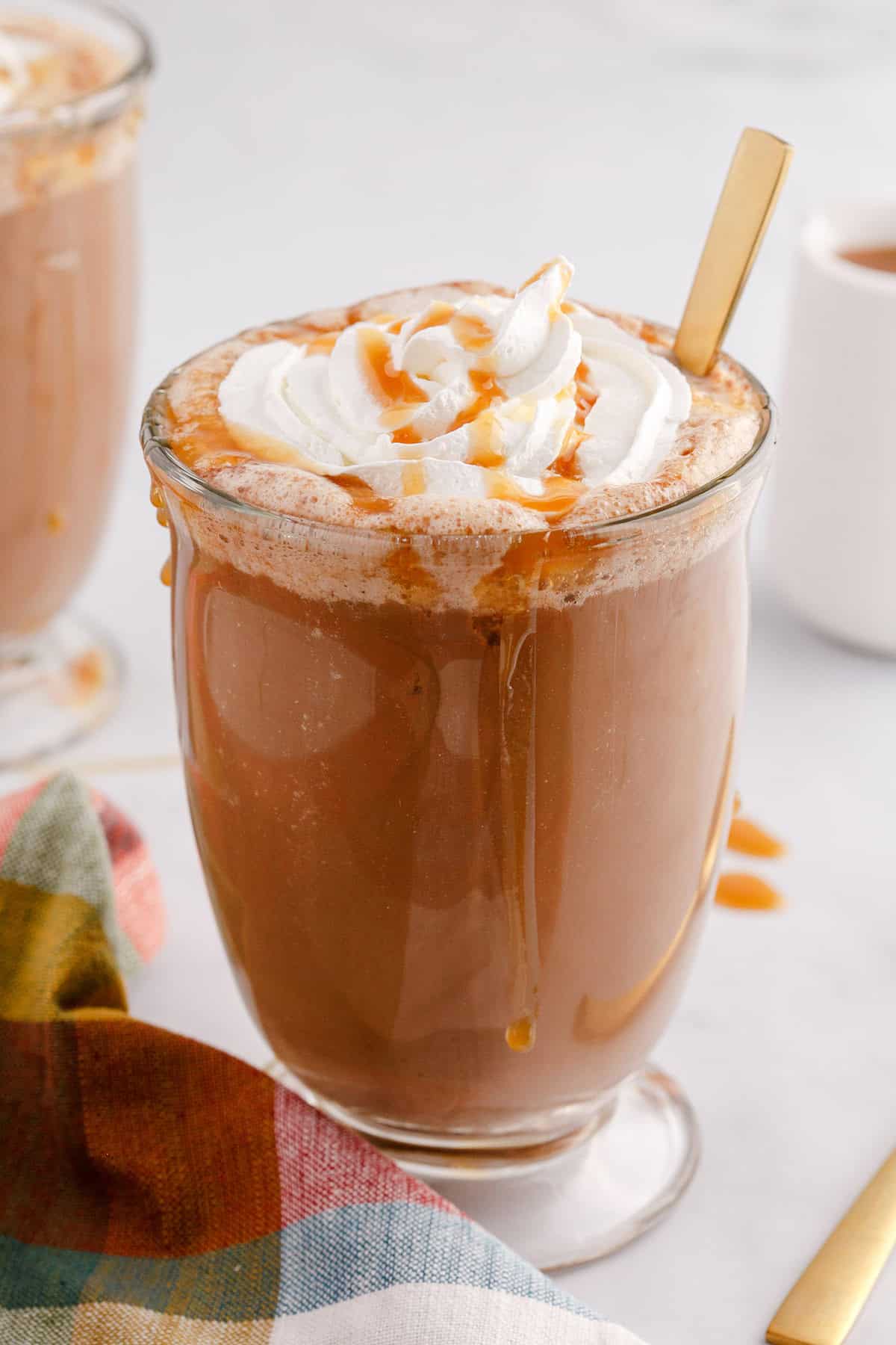 Caramel Mocha Coffee in a Glass Mug Drizzled with Caramel Sauce