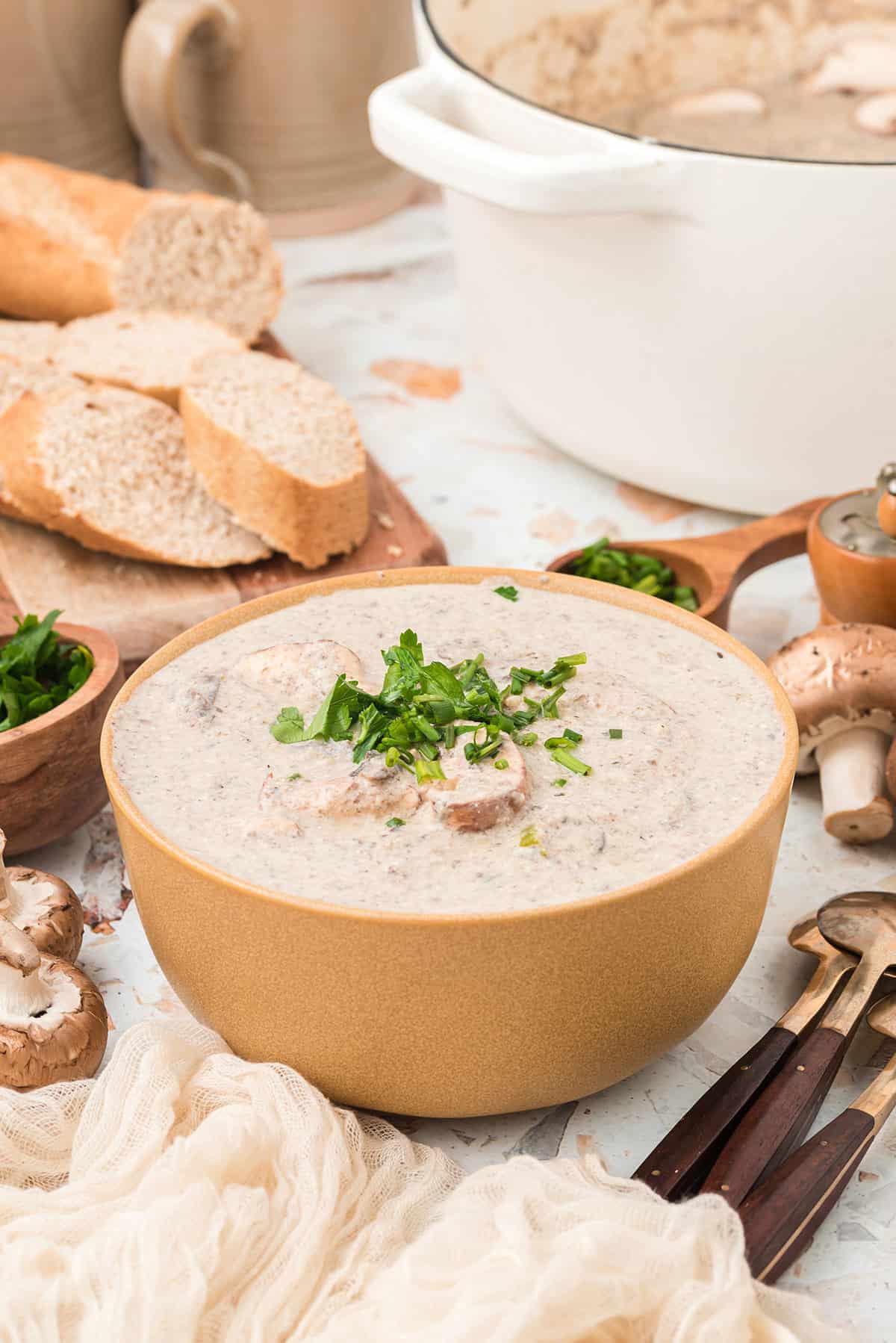 Mushroom Soup Without Cream in a Bowl with Bread