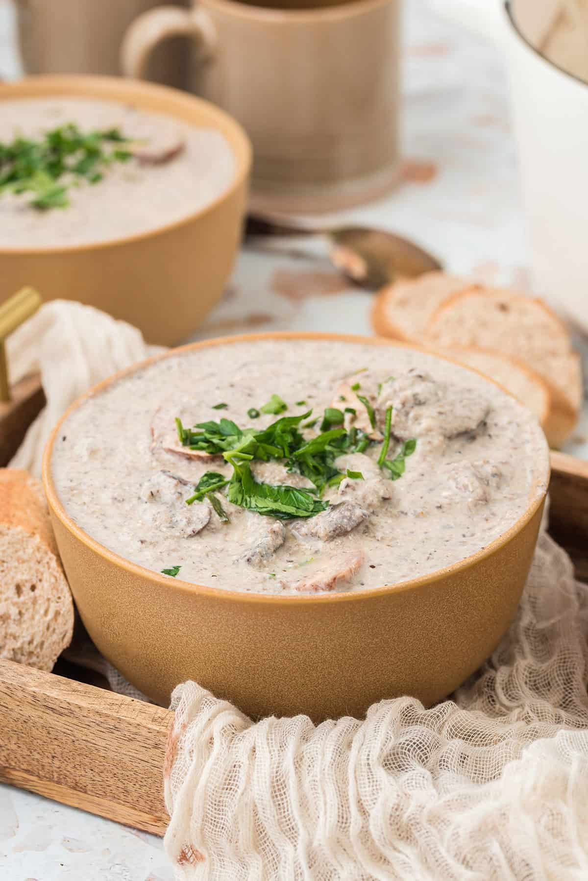 Mushroom Soup Without Cream Garnished and Served in Bowls