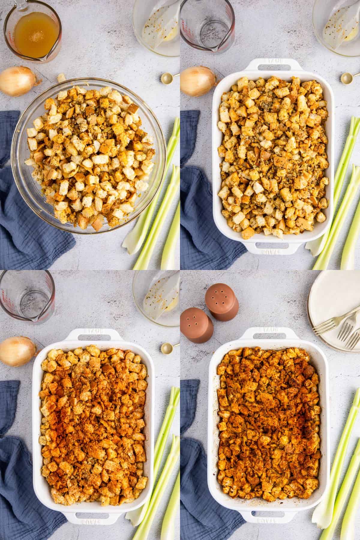 Old Fashioned Turkey Dressing Being Made in a casserole dish