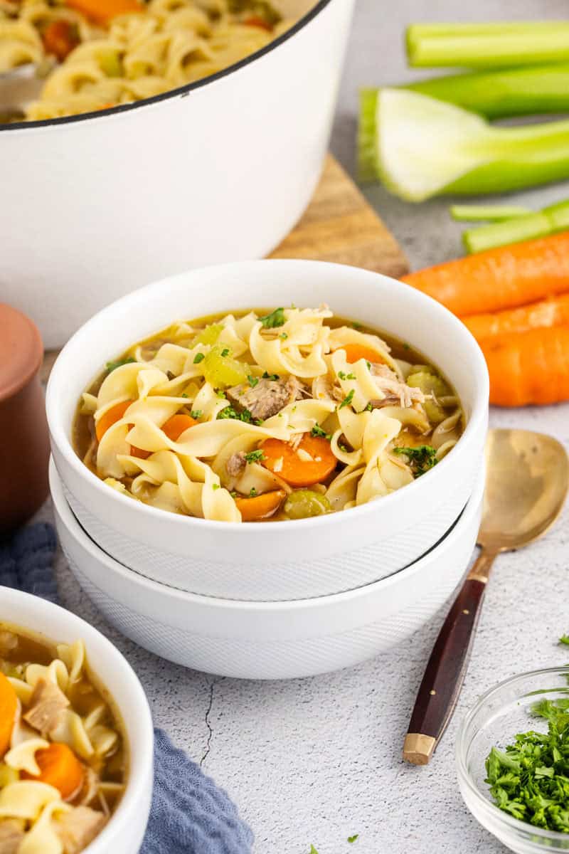 Turkey and Veg Soup in a Bowl Stacked