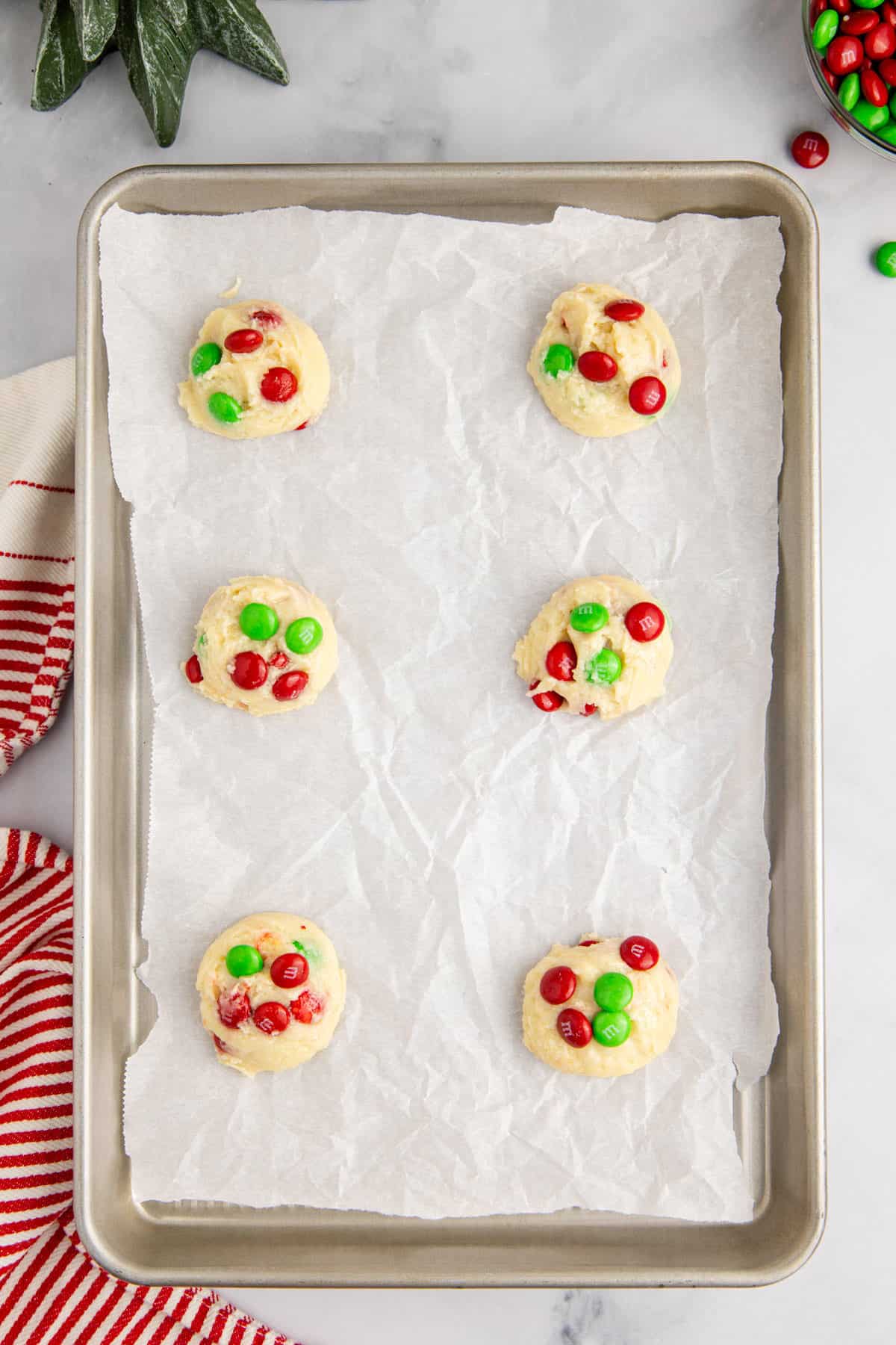 Cake Mix Christmas Cookies with M&Ms on a Baking Sheet