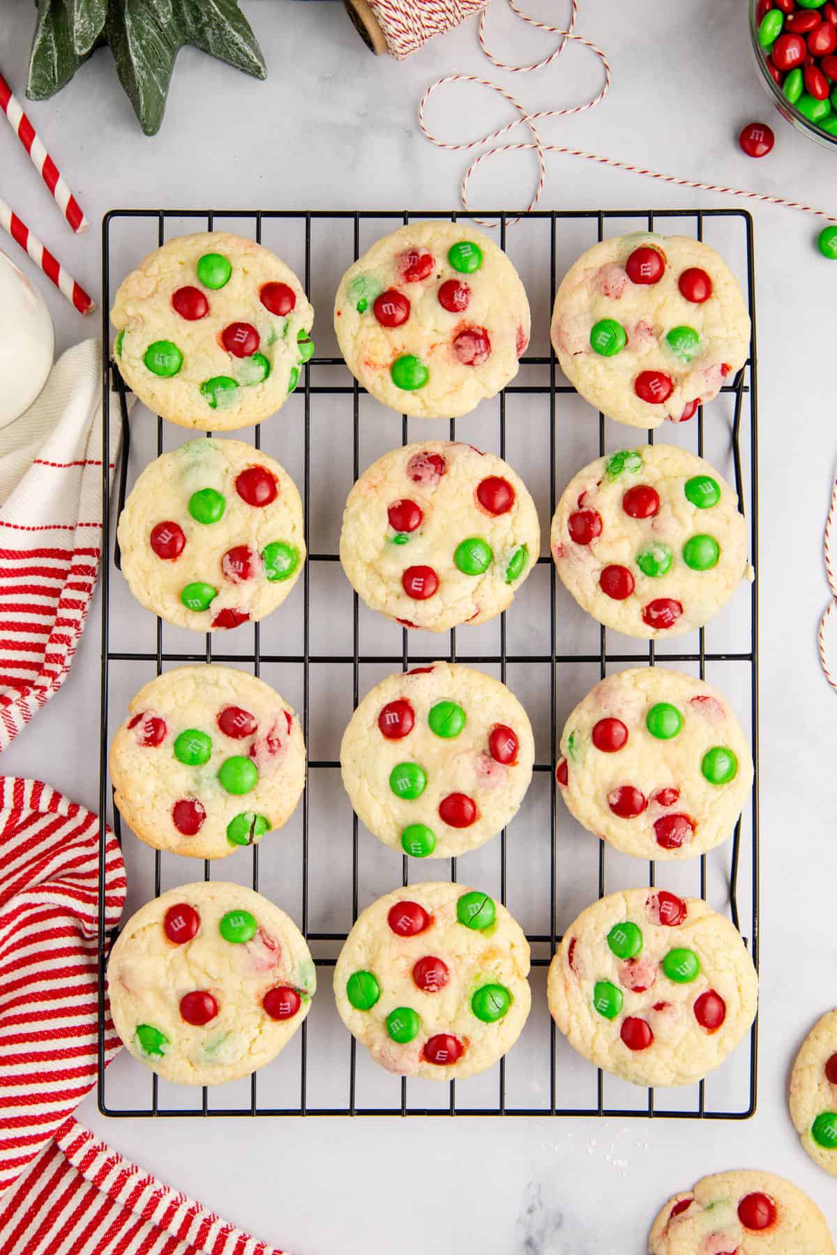 Cake Mix Christmas Cookies with M&Ms on a Cooling Rack