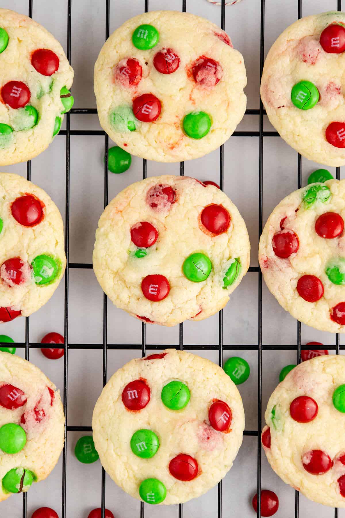 Cake Mix Christmas Cookies with M&Ms on a Cooling Rack