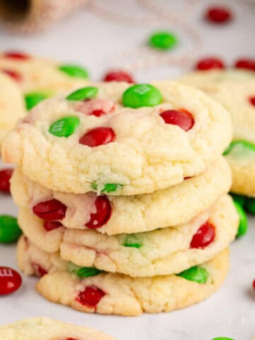 Cake Mix Christmas Cookies Stacked with M&Ms