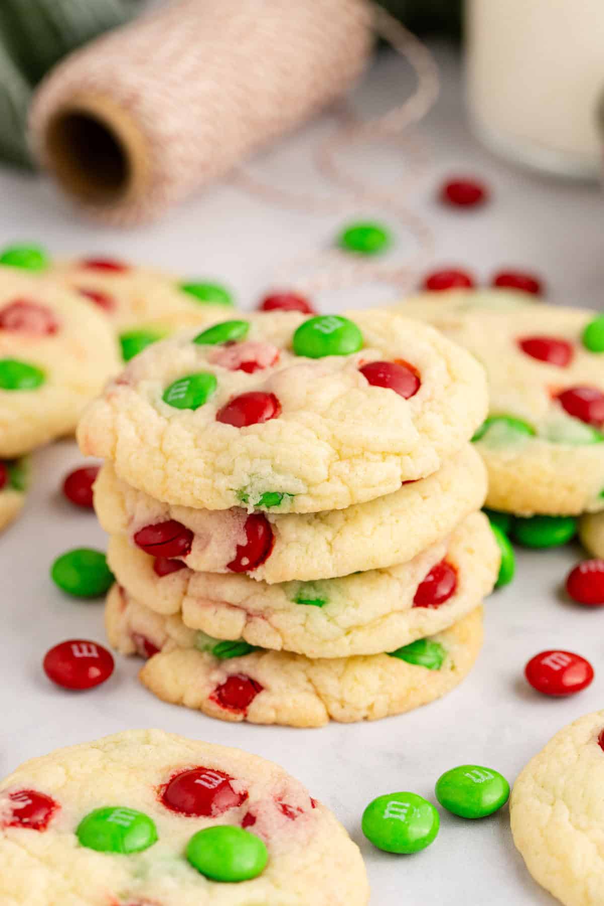 Cake Mix Christmas Cookies Stacked with M&Ms