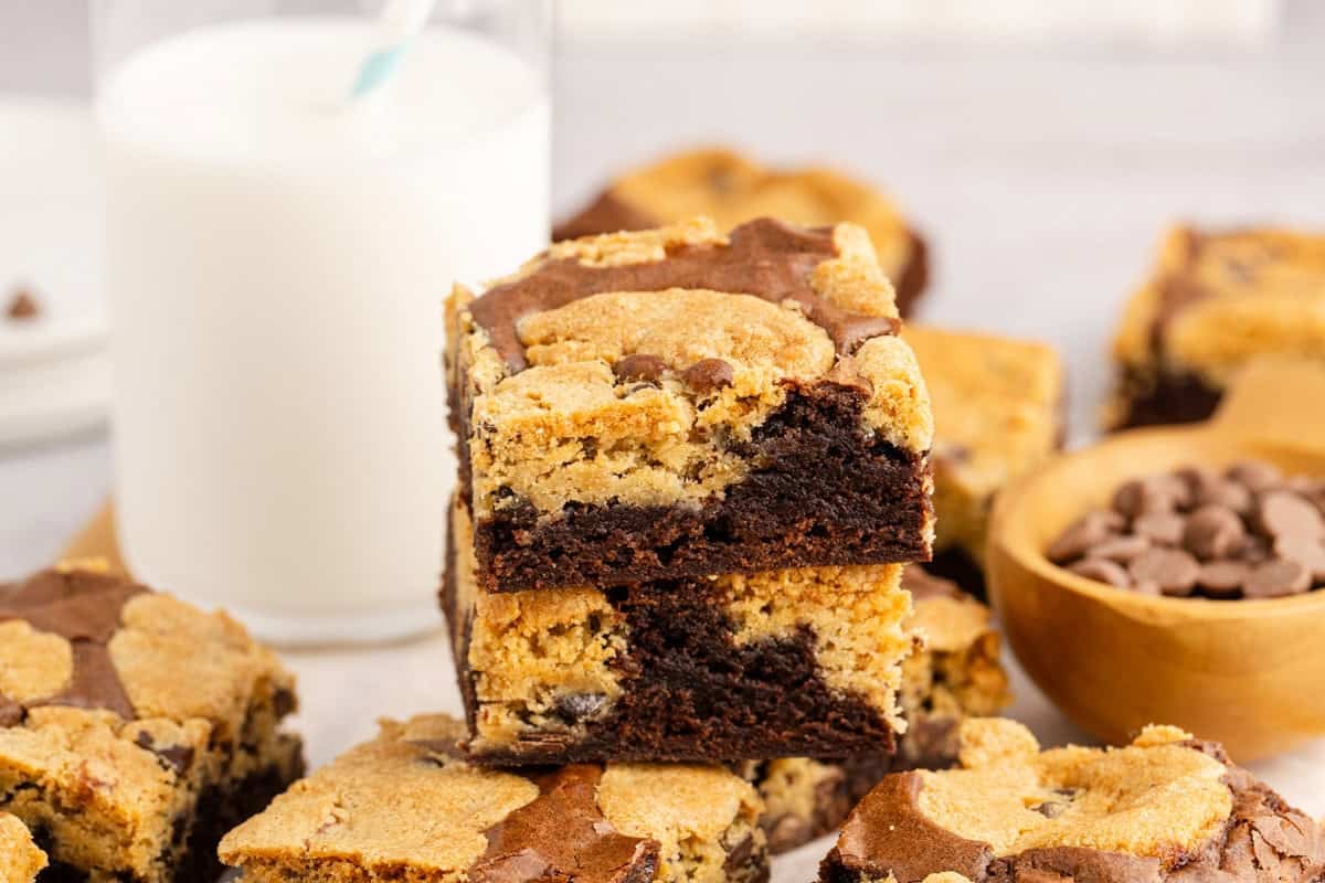 Chocolate Chip Cookie Brownie Bars Stacked On Top of Each other