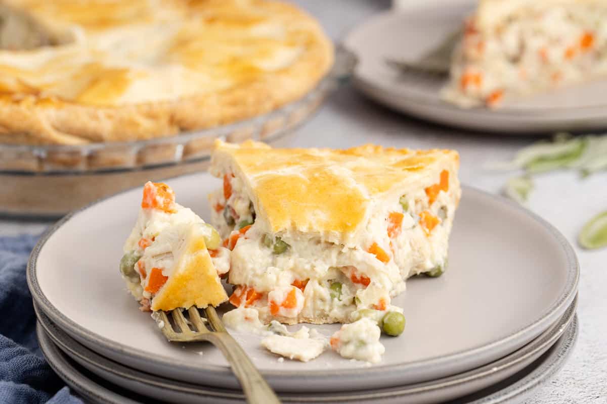 Dad's Leftover Turkey Pot Pie on a Plate on a Fork