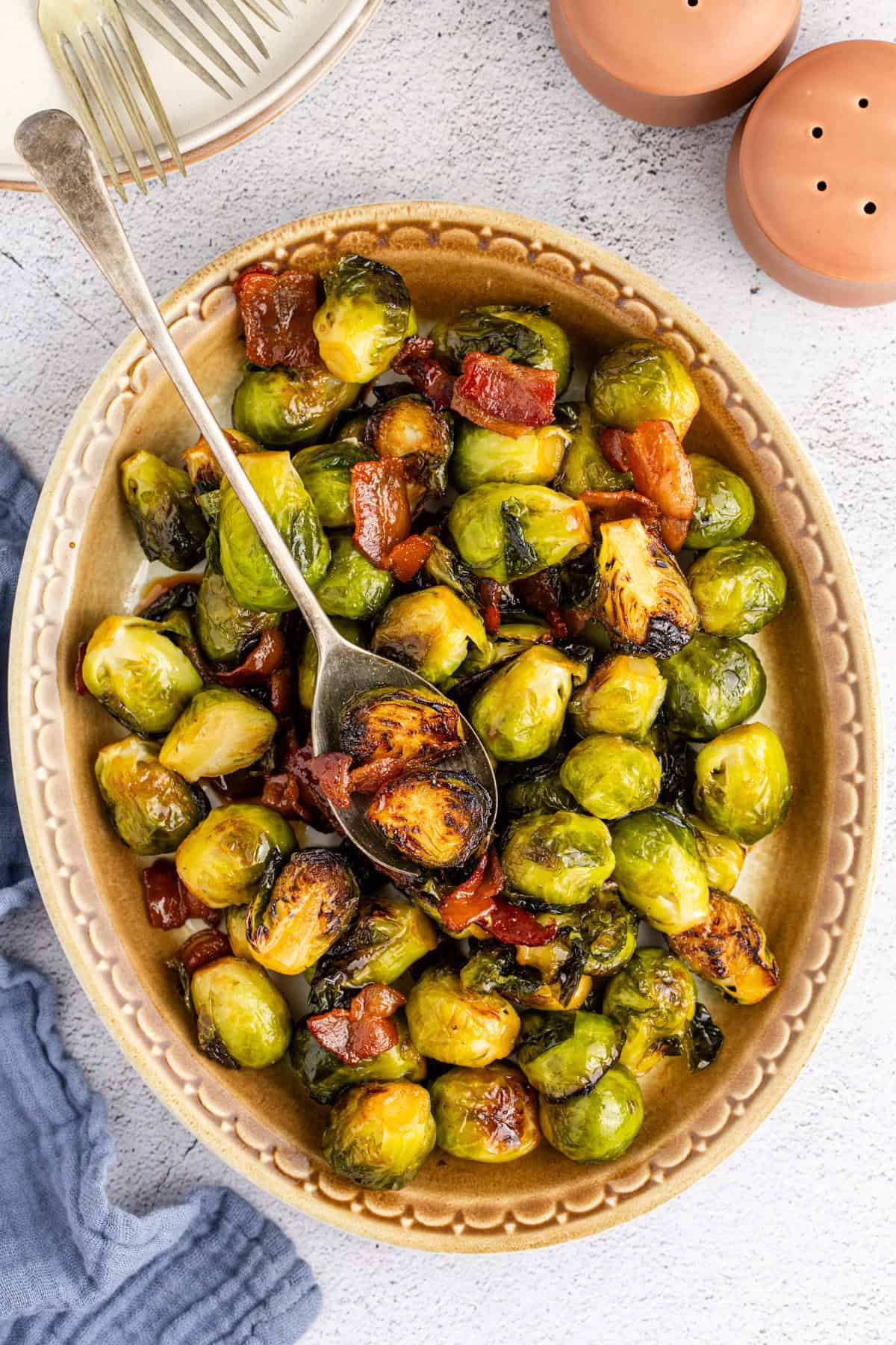 Maple Brussel Sprouts with Bacon on a Serving Spoon