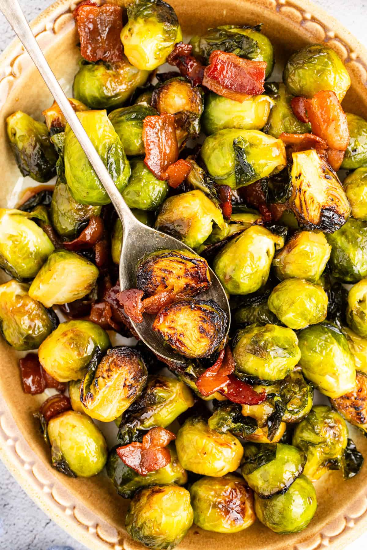 Maple Brussel Sprouts with Bacon on a Serving Spoon