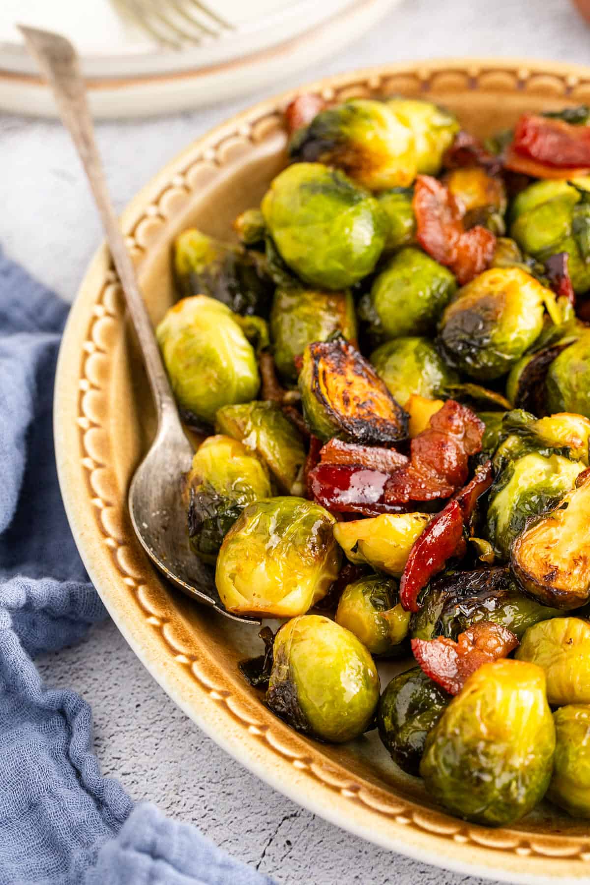 Maple Brussel Sprouts with Bacon on a Serving Plate