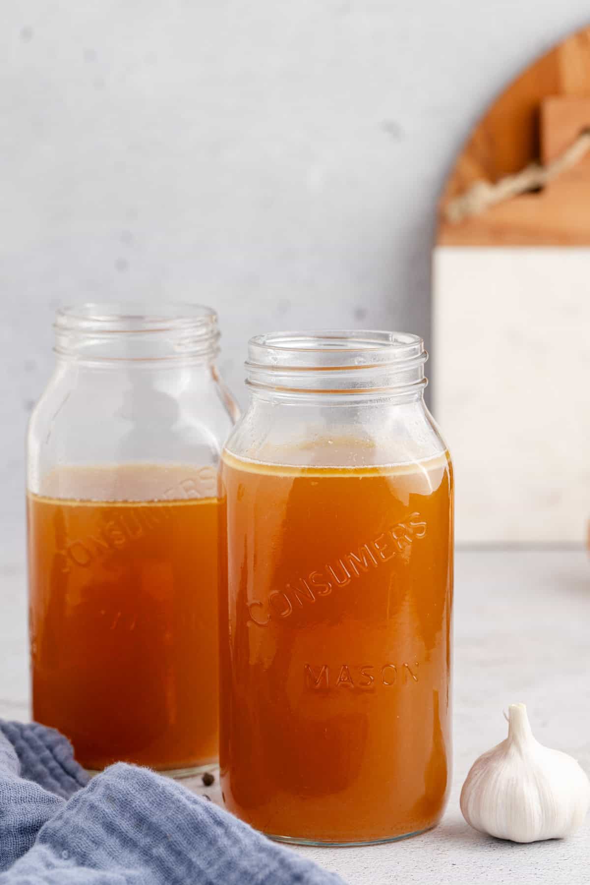 Slow Cooker Turkey Stock in Mason Jars Lids Off