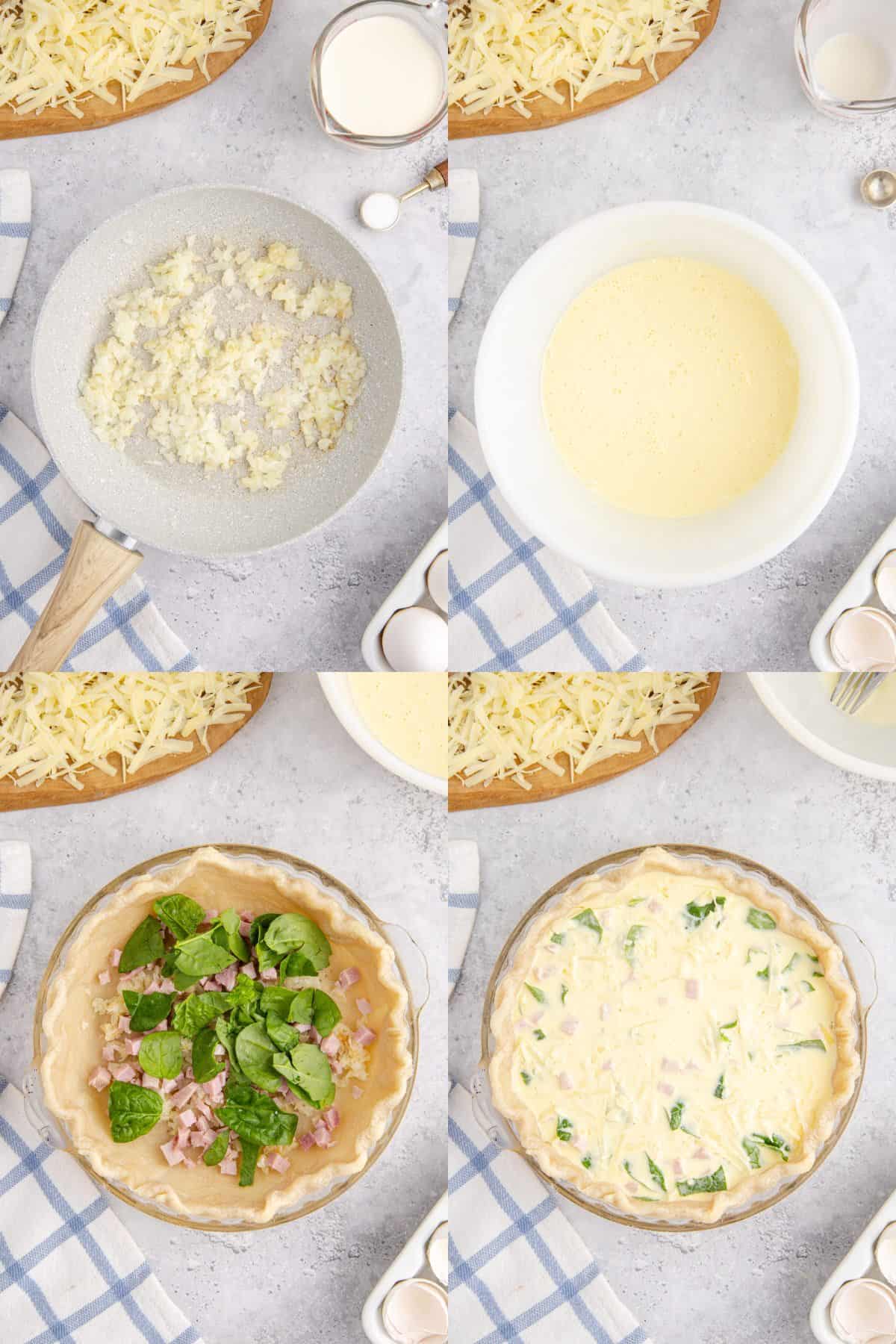 Spinach Ham Quiche Lorraine Filling being Made in a Pie Crust