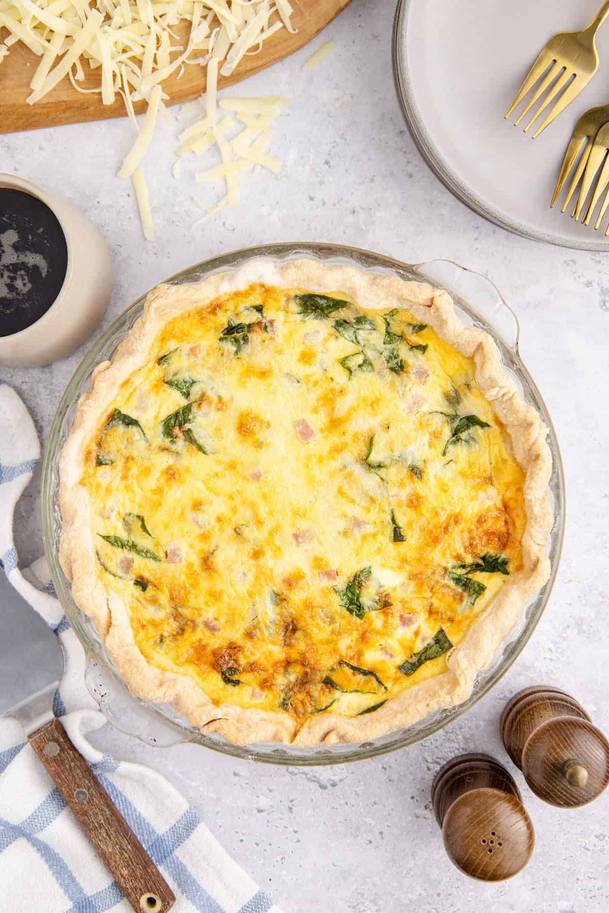 Spinach Ham Quiche Lorraine in a Pie Dish