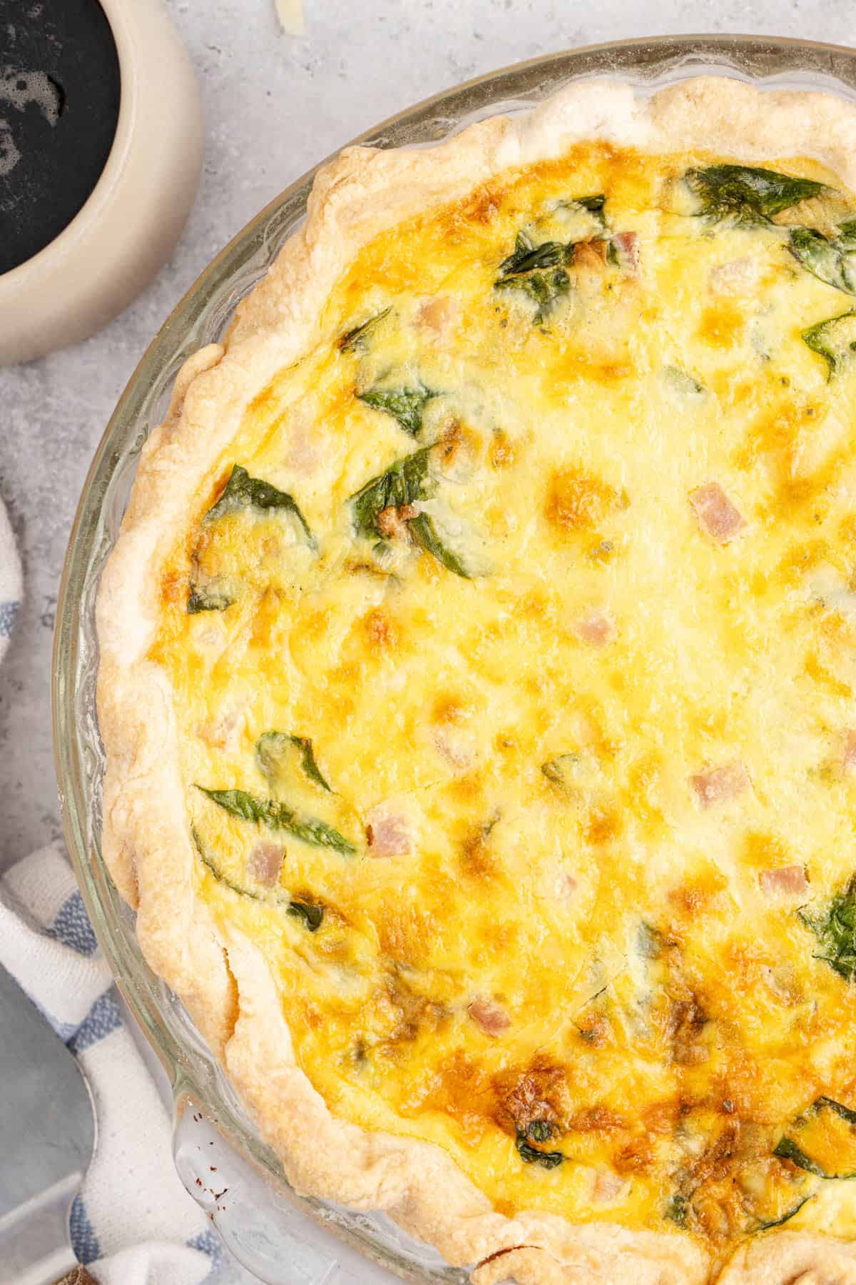 Spinach Ham Quiche Lorraine in a Pie Dish Cooked