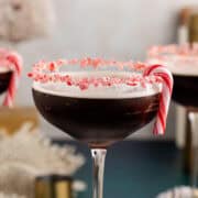 Espresso Peppermint Martini Glasses Garnished with Candy Canes