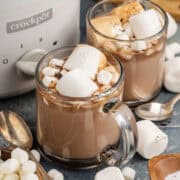 Hot Chocolate Crock Pot Recipe Served in Mugs with Marshmallows