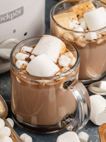 Hot Chocolate Crock Pot Recipe Served in Mugs with Marshmallows