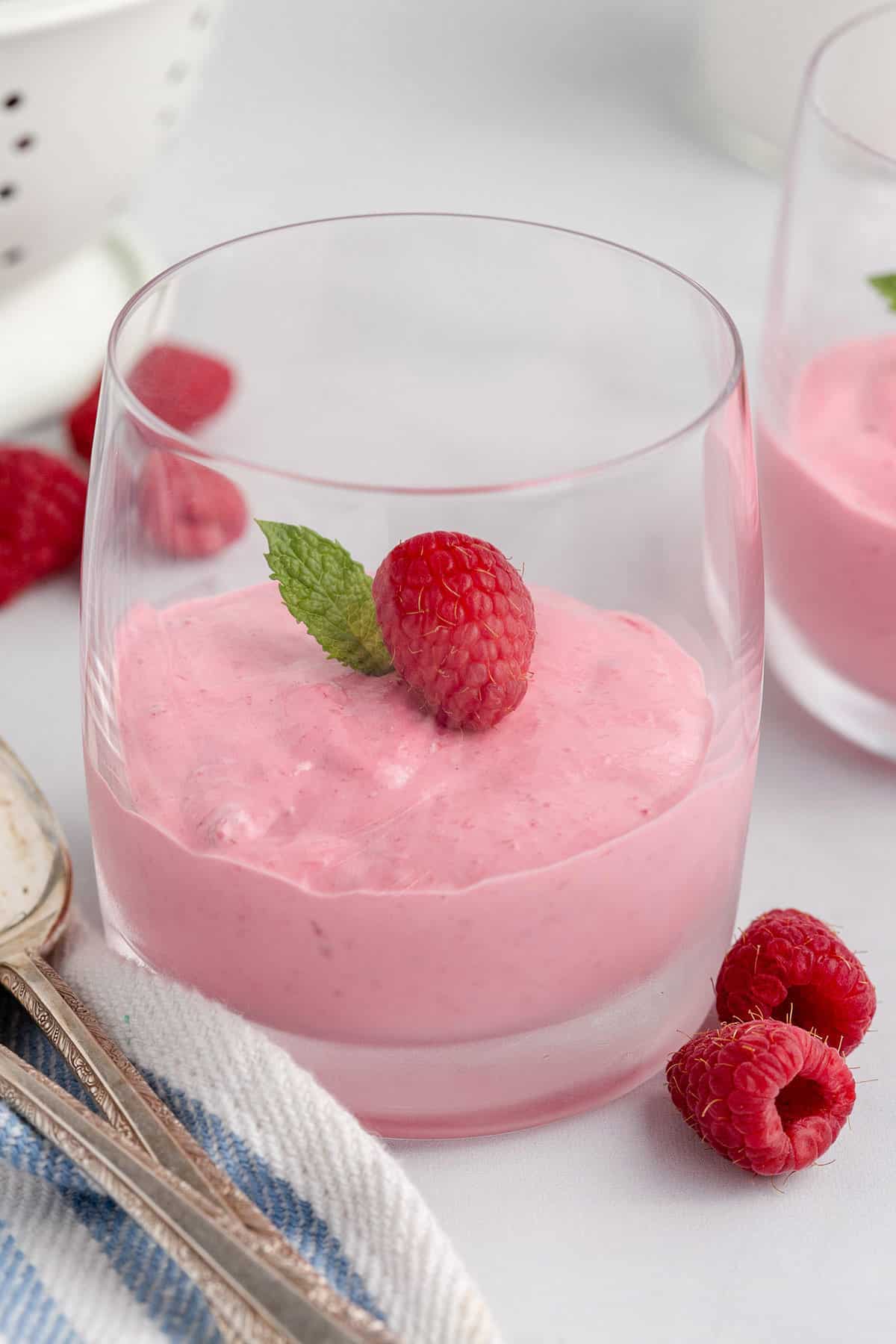Raspberry Mousse without Gelatin in a Glass with Mint