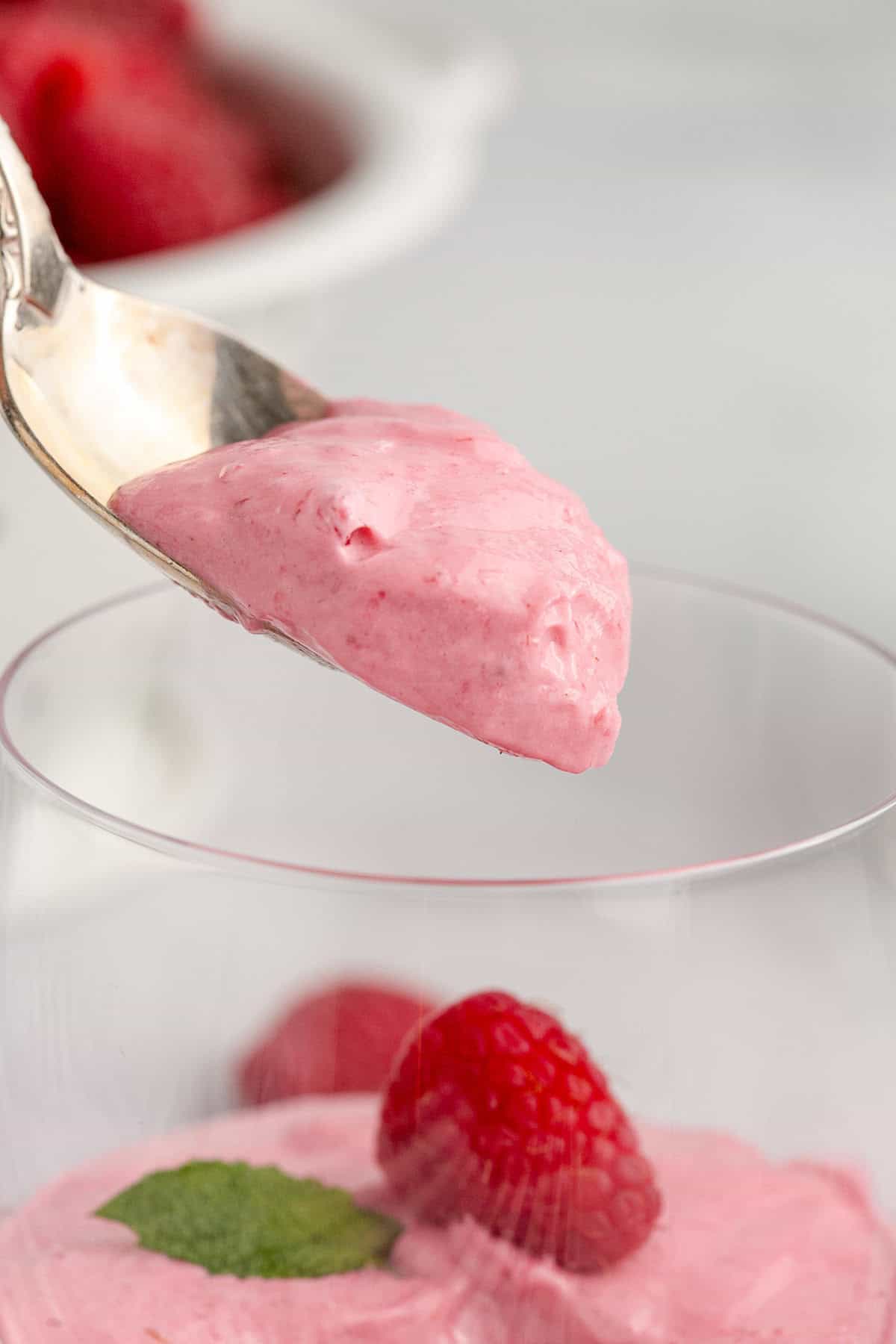 Raspberry Mousse without Gelatin on a Spoon