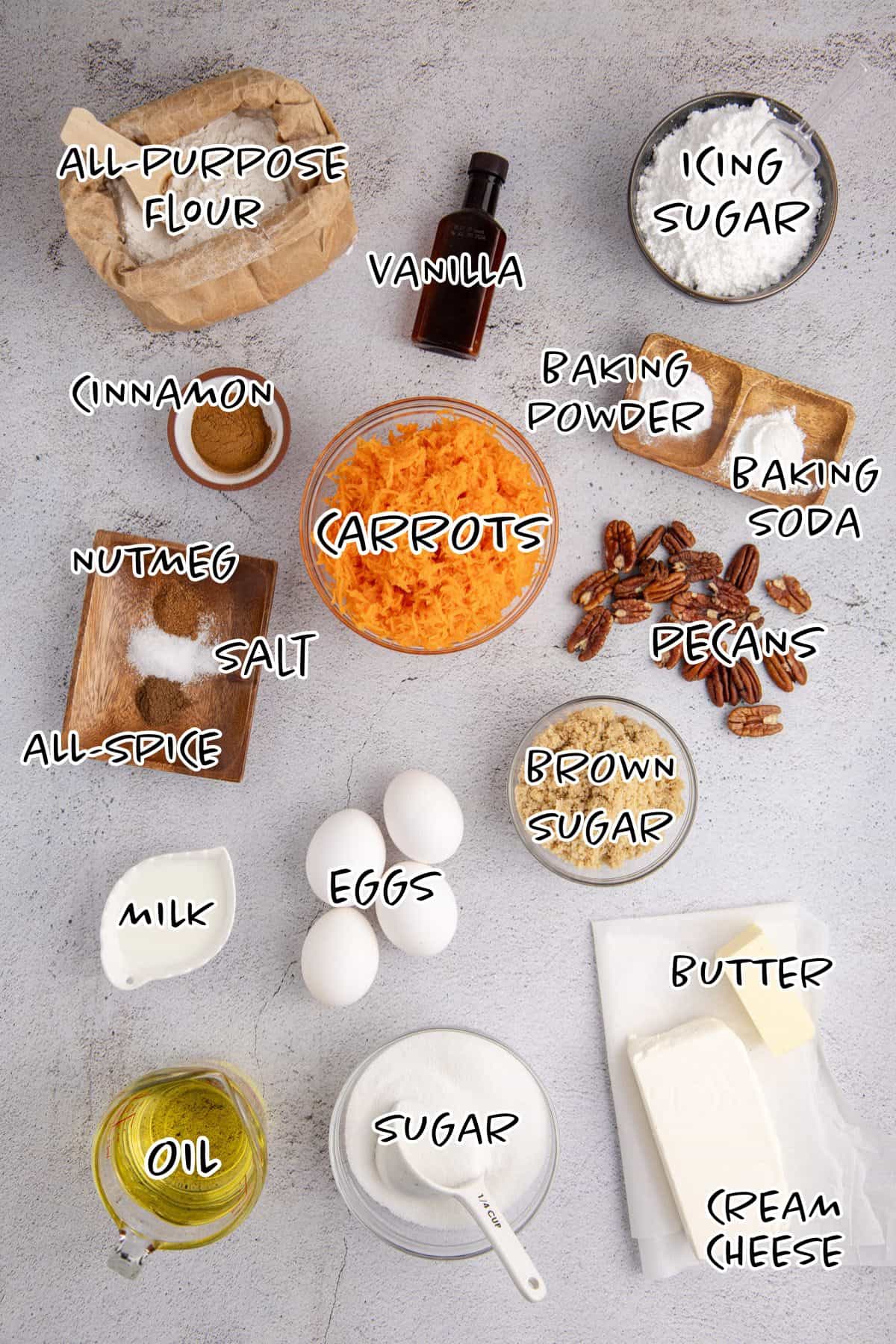 Carrot Sheet Cake Ingredients on a Counter