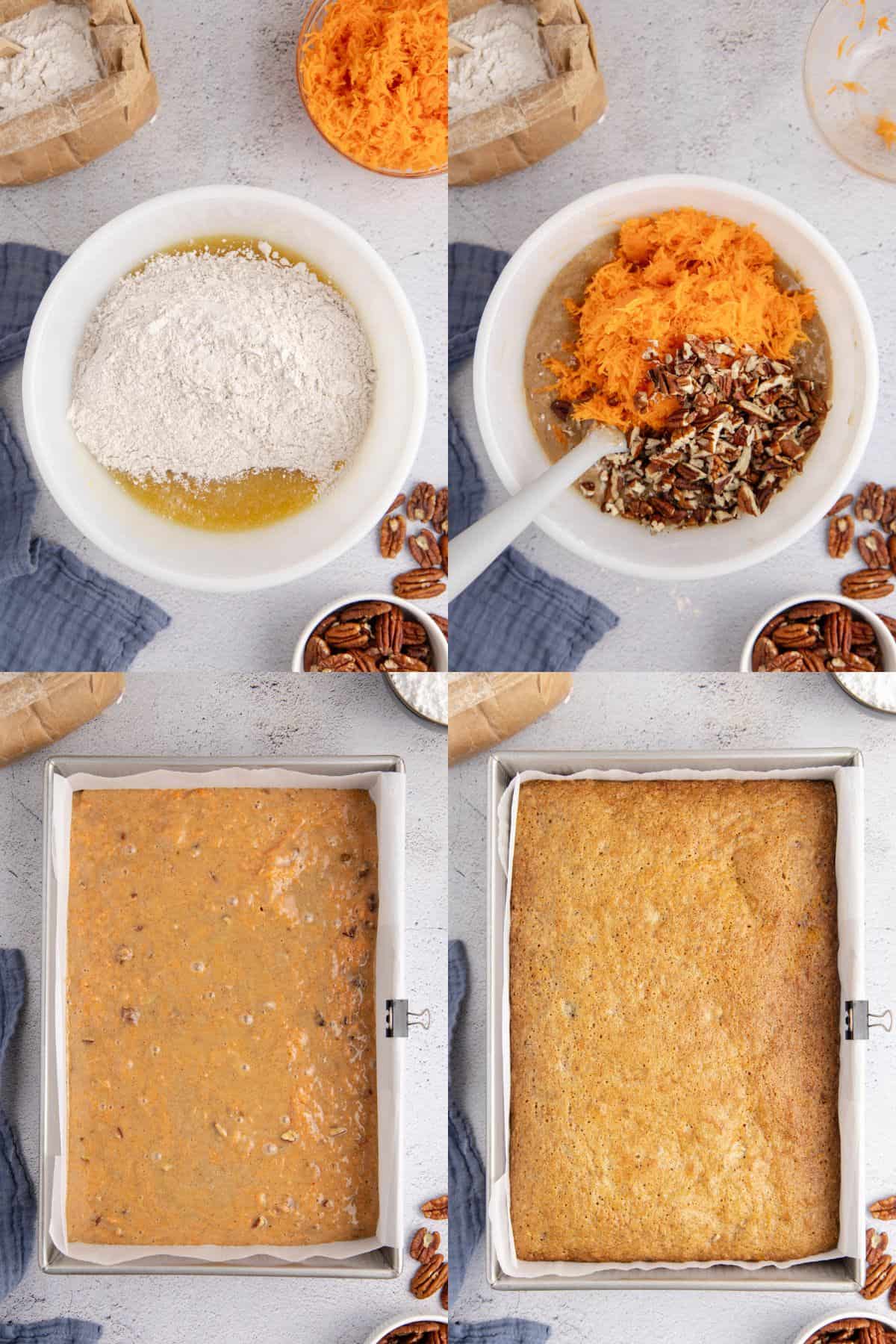 Carrot Sheet Cake being made in a bowl and 9x13 pan