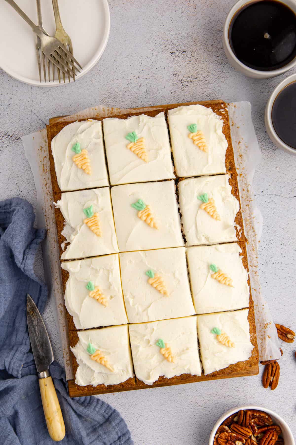 Carrot Sheet Cake finished from above with carrots iced in frosting