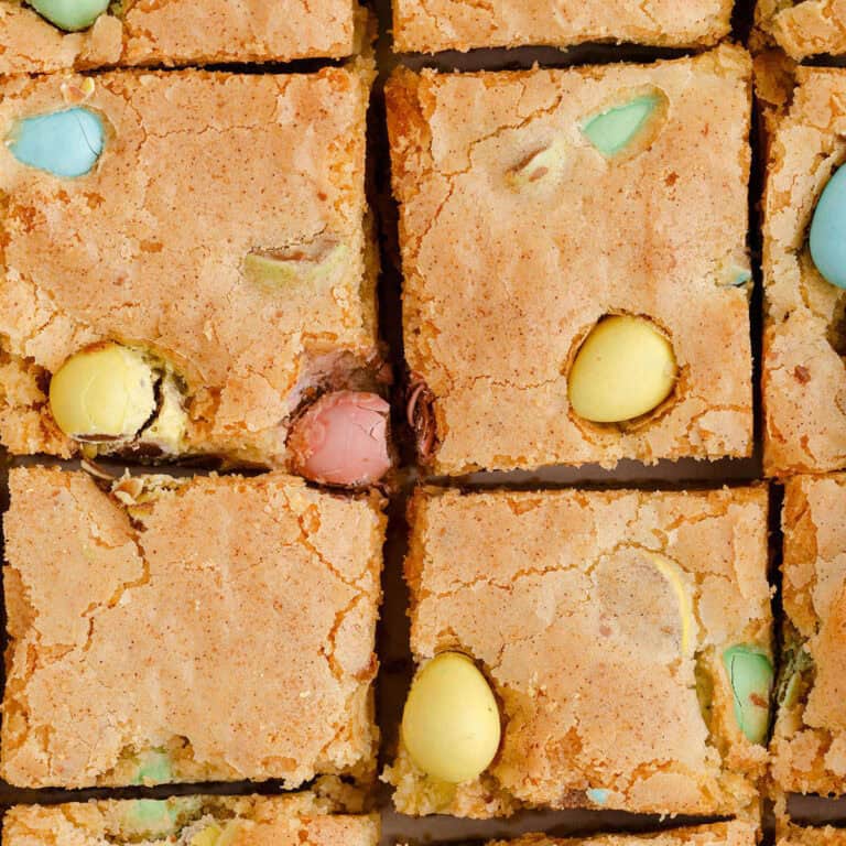 Easter Blondies with mini Eggs Cut into Squares Close Up