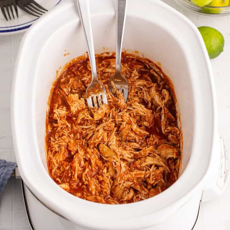 Slow Cooker Mexican Chicken in Crockpot all cooked Close up