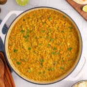 Coconut Milk Curry Lentils in a skillet with cilantro