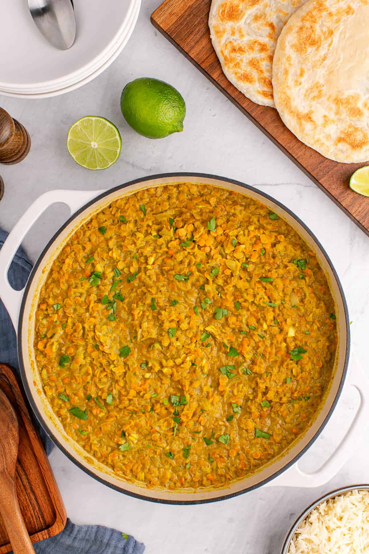 Coconut Milk Curry Lentils in a skillet with cilantro