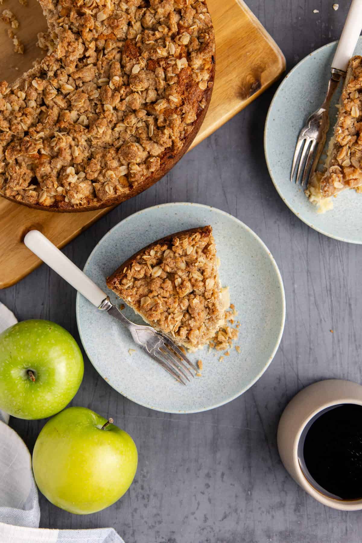 Apple Coffee Cake on a Plate with a fork from above