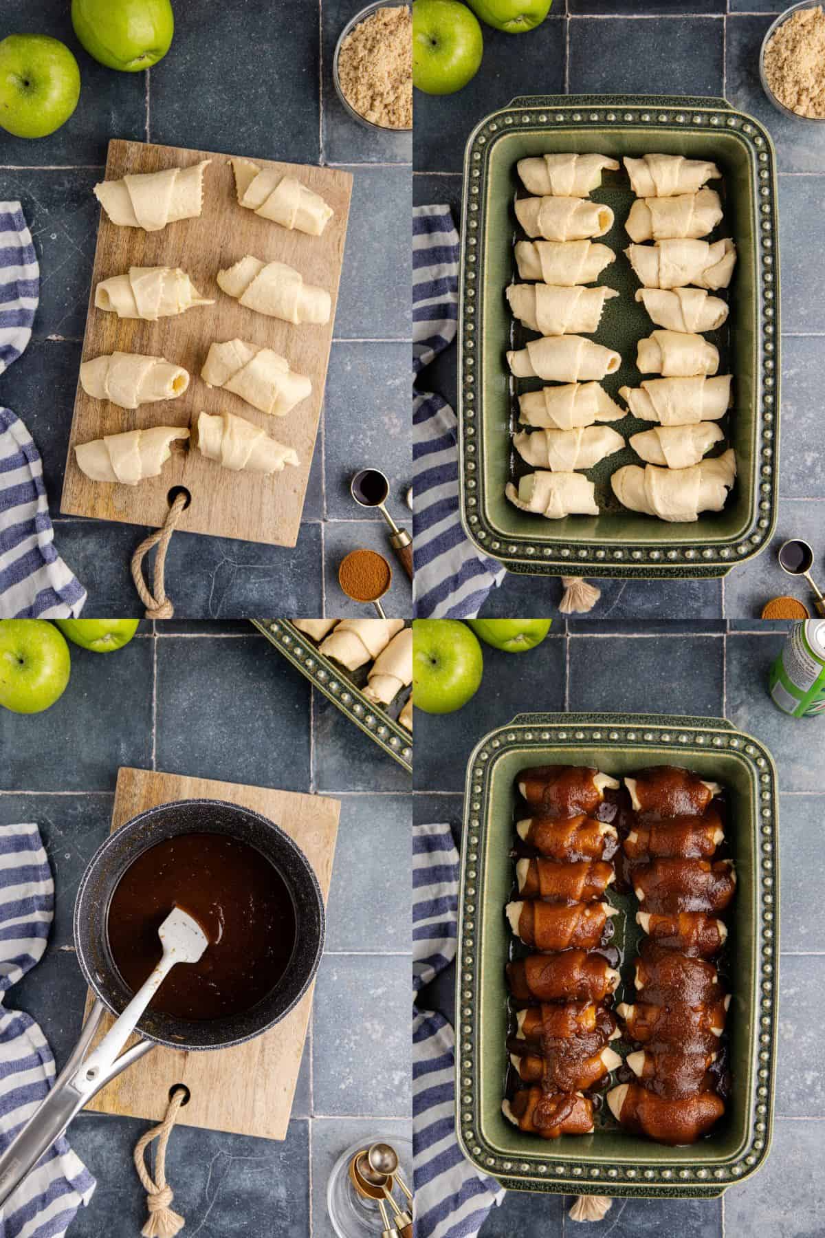 Apple Dumplings using Crescent Rolls being made in a casserole dish