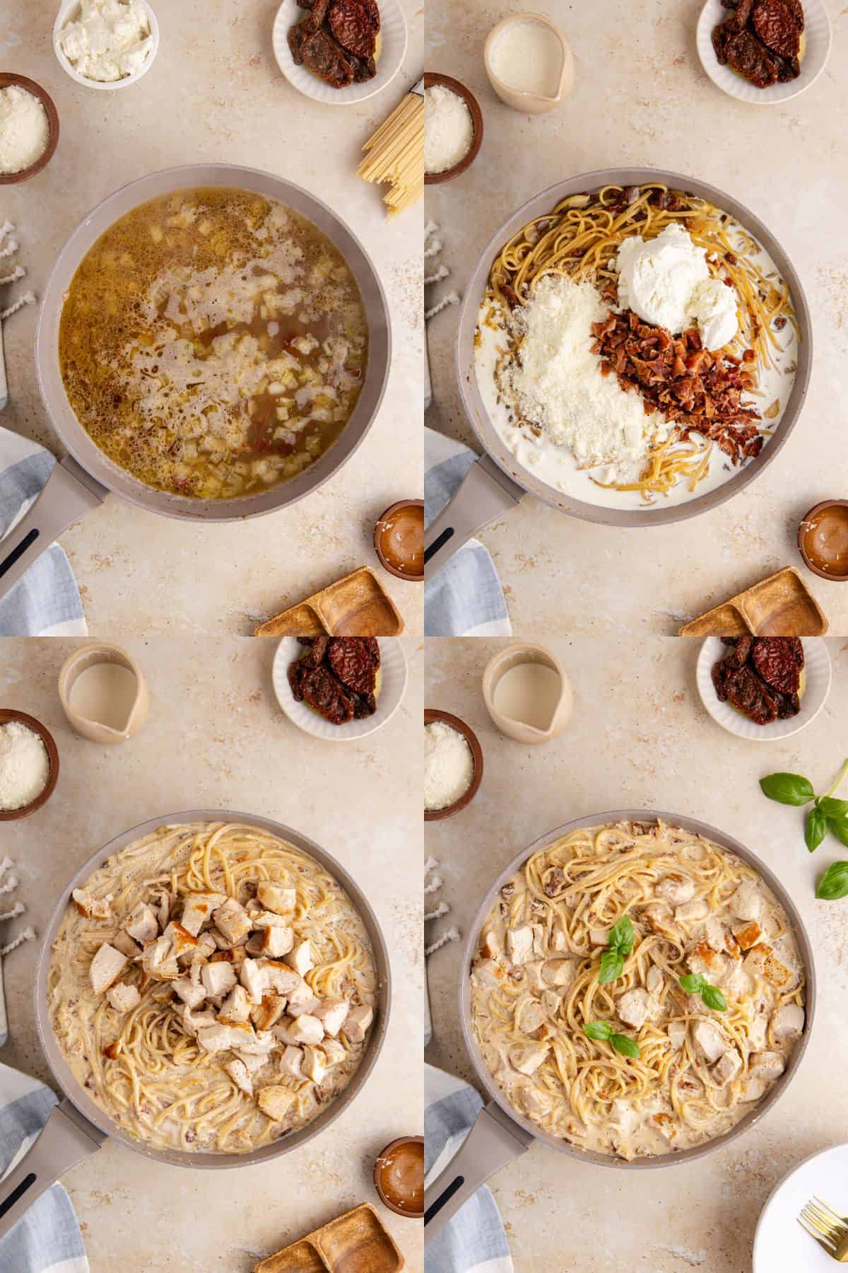 Creamy Sun Dried Tomato Chicken Pasta being made in a large pan