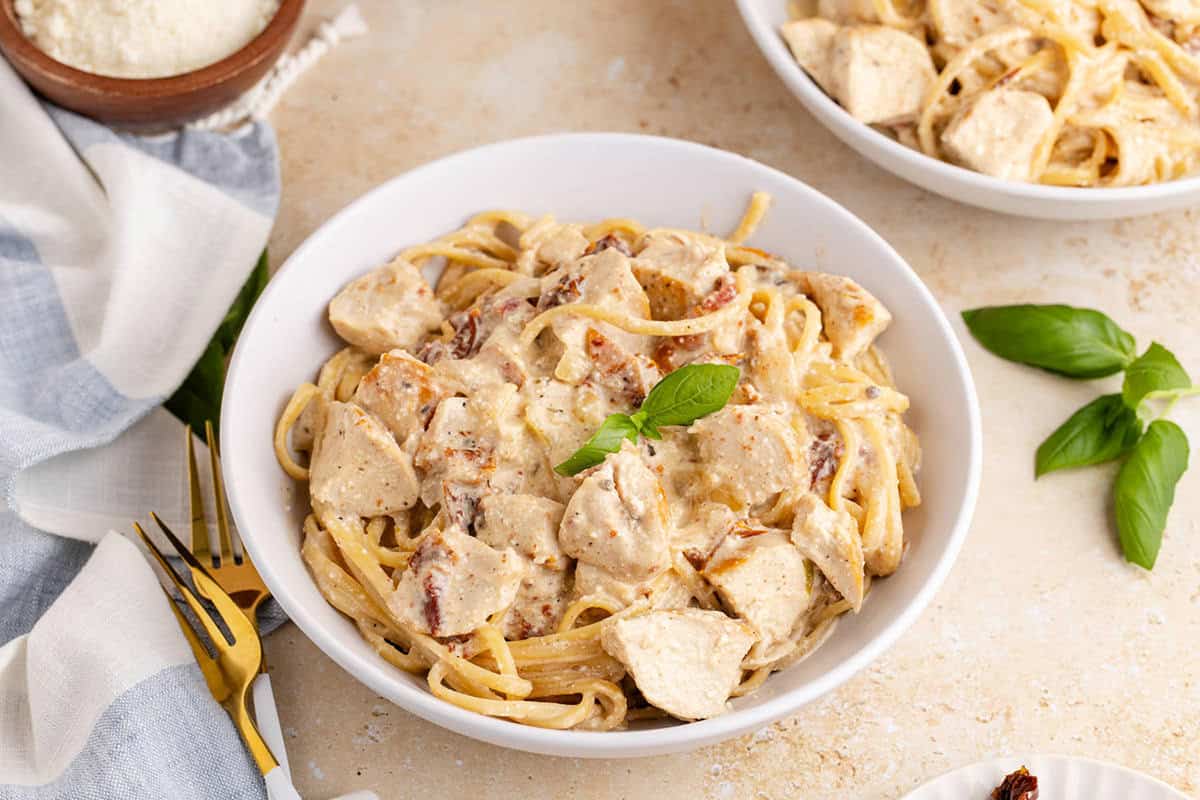 Creamy Sun Dried Tomato Chicken Pasta with basil