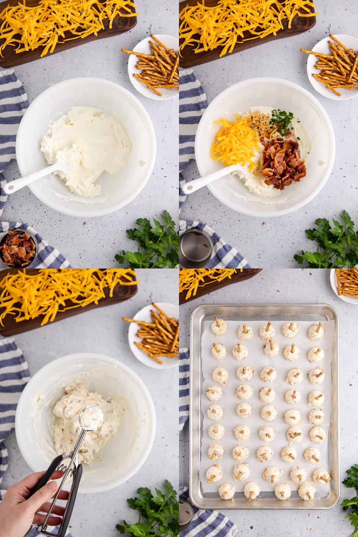 Mini Cheese Balls being made in a bowl then placed on a large baking sheet to set