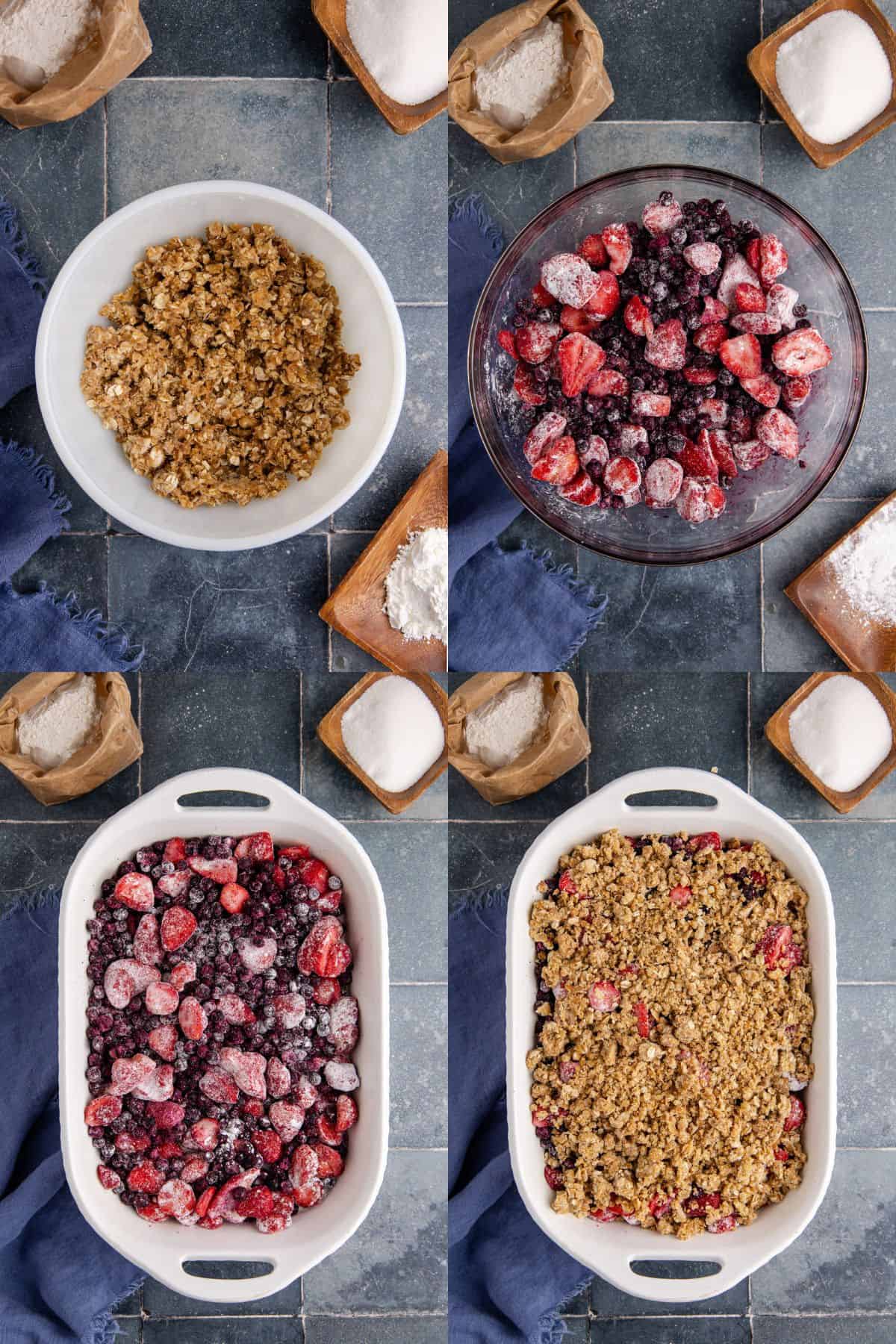 Mixed Berry Crisp with Frozen Berries being made in a bowl and casserole dish