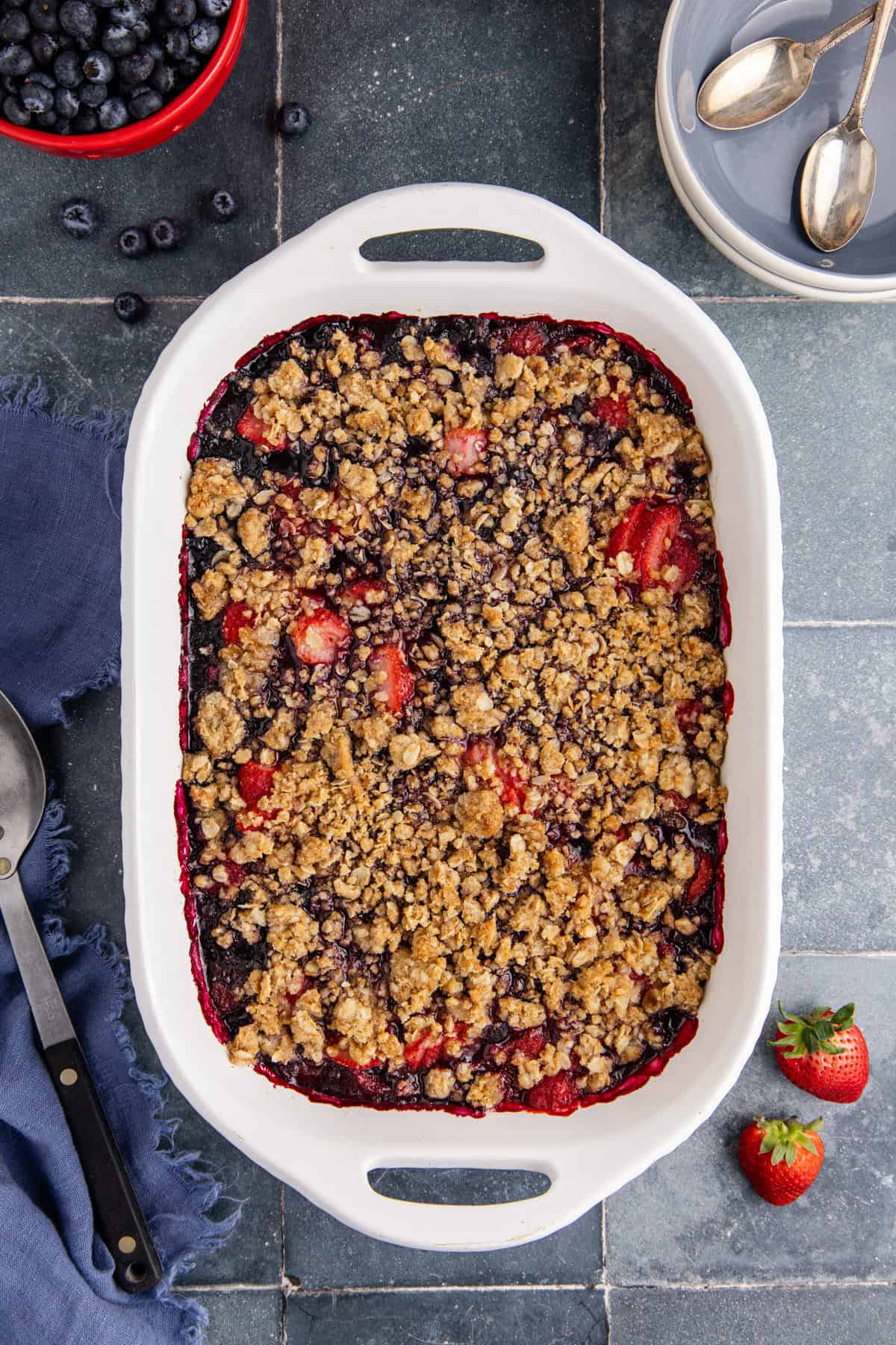 Mixed Berry Crisp with Frozen Berries Baked in a casserole dish