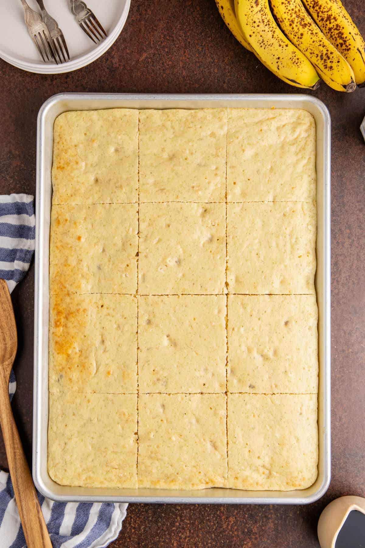 Sheet Pan Banana Pancakes overhead baked on the pan